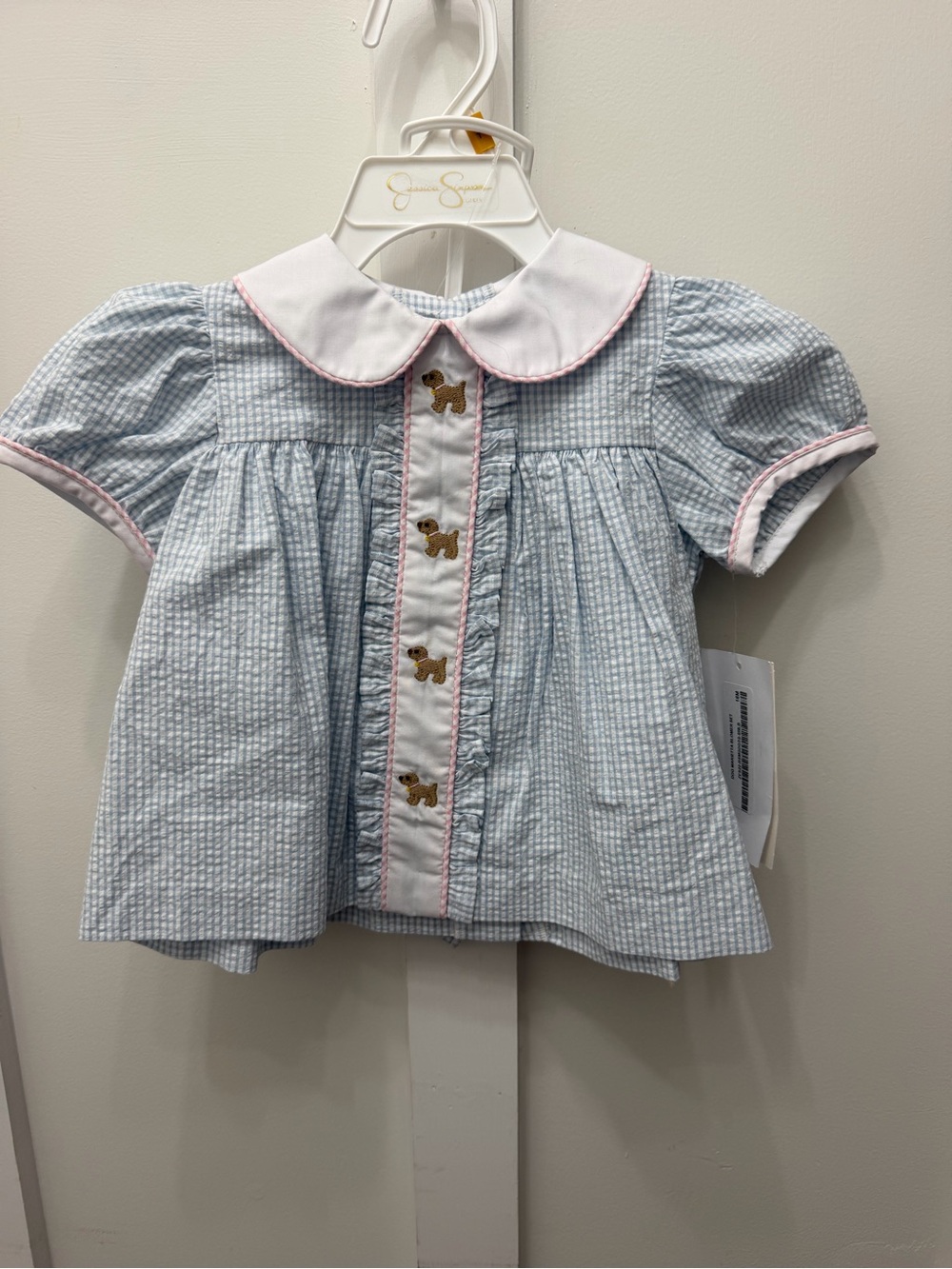 Blue Seersucker Baby Girl Shorts Set with Puppy Embroidery